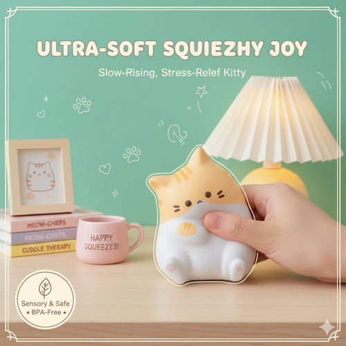 Kawaii Cat Squishy Stress Relief Toy - Jumbo Slow Rising Squeeze Kitten - Ultra-Soft Sensory Antistress Ball for Kids & Adults - Cute Animal Desk Ornament & Fidget Toy