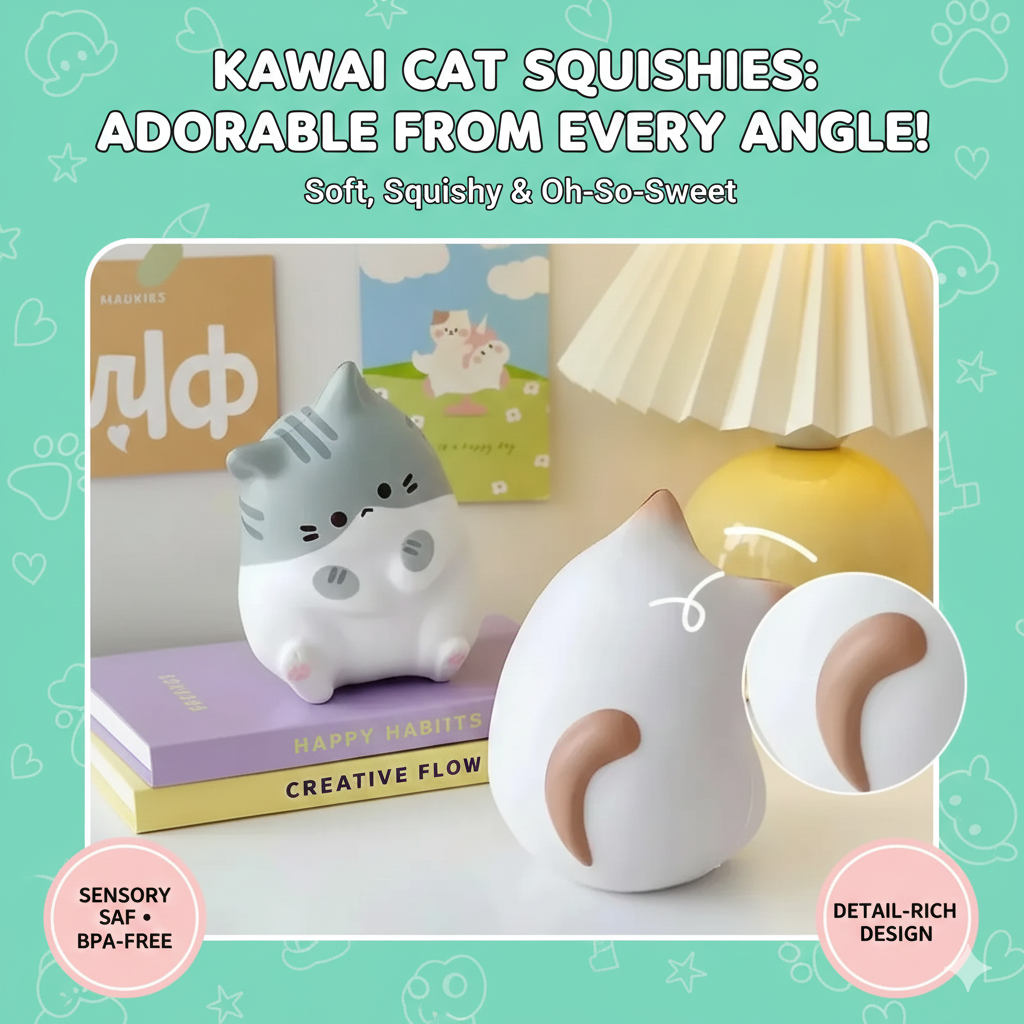 Kawaii Cat Squishy Stress Relief Toy - Jumbo Slow Rising Squeeze Kitten - Ultra-Soft Sensory Antistress Ball for Kids & Adults - Cute Animal Desk Ornament & Fidget Toy