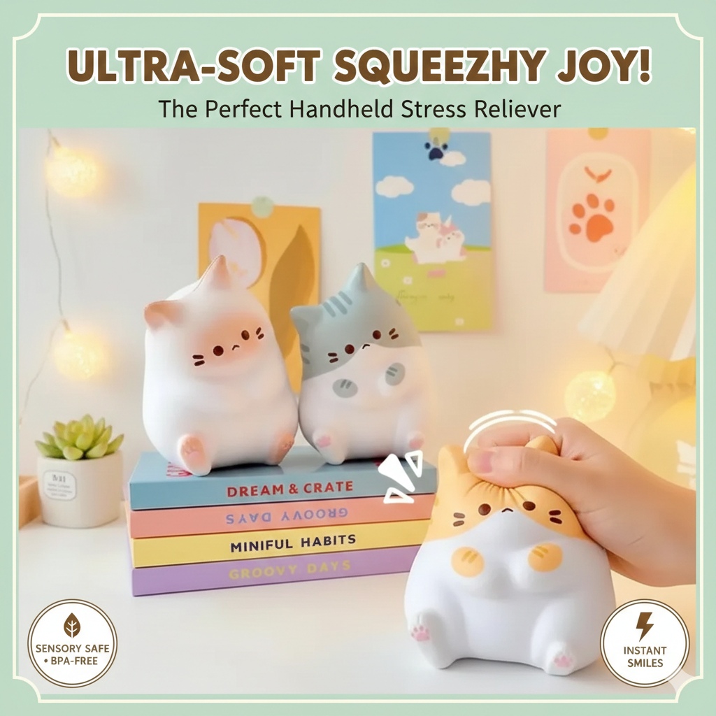 Kawaii Cat Squishy Stress Relief Toy - Jumbo Slow Rising Squeeze Kitten - Ultra-Soft Sensory Antistress Ball for Kids & Adults - Cute Animal Desk Ornament & Fidget Toy