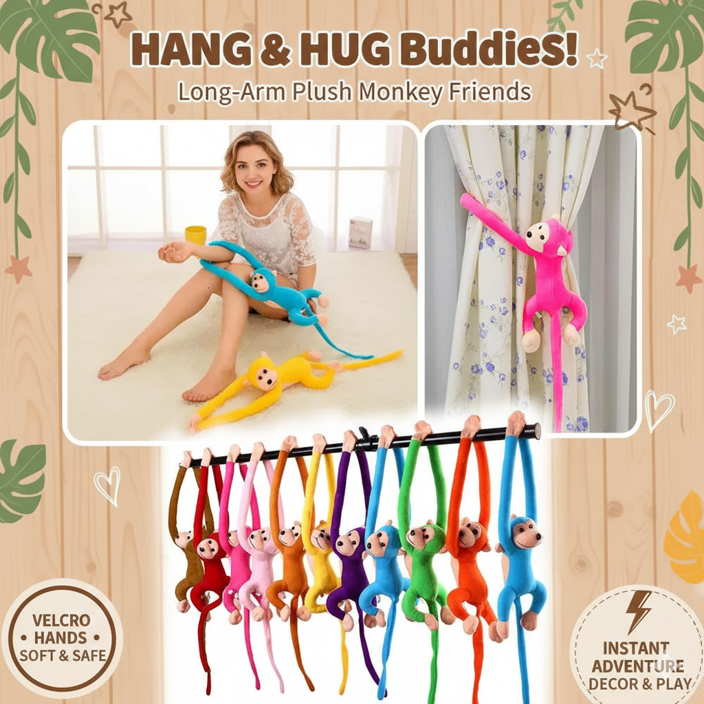 Long Arm Hanging Monkey Plush Toy - Cute Banana Monkey Stuffed Animal with Velcro Hands - Soft Anti-Collision Wall Protector Doll - Nursery Decor & Creative Gift for Kids