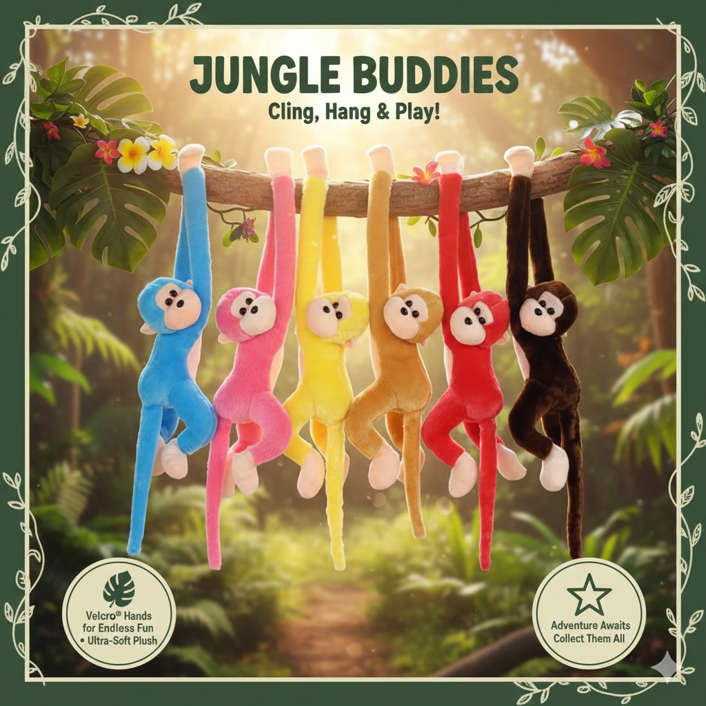 Long Arm Hanging Monkey Plush Toy - Cute Banana Monkey Stuffed Animal with Velcro Hands - Soft Anti-Collision Wall Protector Doll - Nursery Decor & Creative Gift for Kids