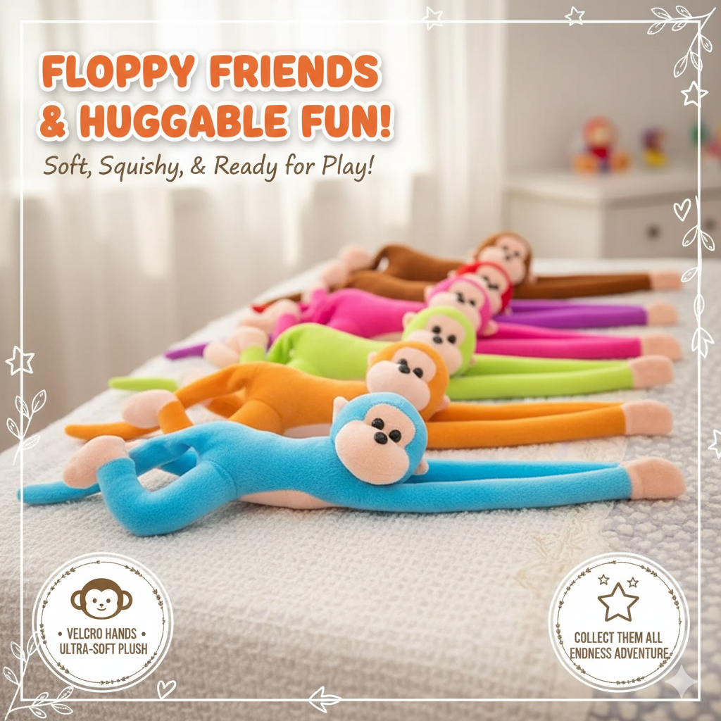 Long Arm Hanging Monkey Plush Toy - Cute Banana Monkey Stuffed Animal with Velcro Hands - Soft Anti-Collision Wall Protector Doll - Nursery Decor & Creative Gift for Kids