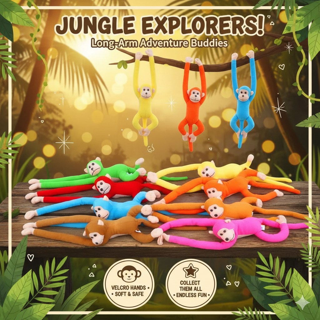 Long Arm Hanging Monkey Plush Toy - Cute Banana Monkey Stuffed Animal with Velcro Hands - Soft Anti-Collision Wall Protector Doll - Nursery Decor & Creative Gift for Kids