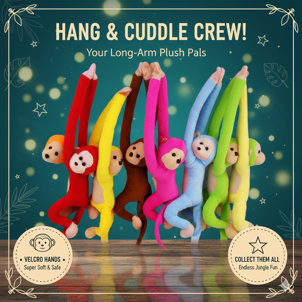 Long Arm Hanging Monkey Plush Toy - Cute Banana Monkey Stuffed Animal with Velcro Hands - Soft Anti-Collision Wall Protector Doll - Nursery Decor & Creative Gift for Kids