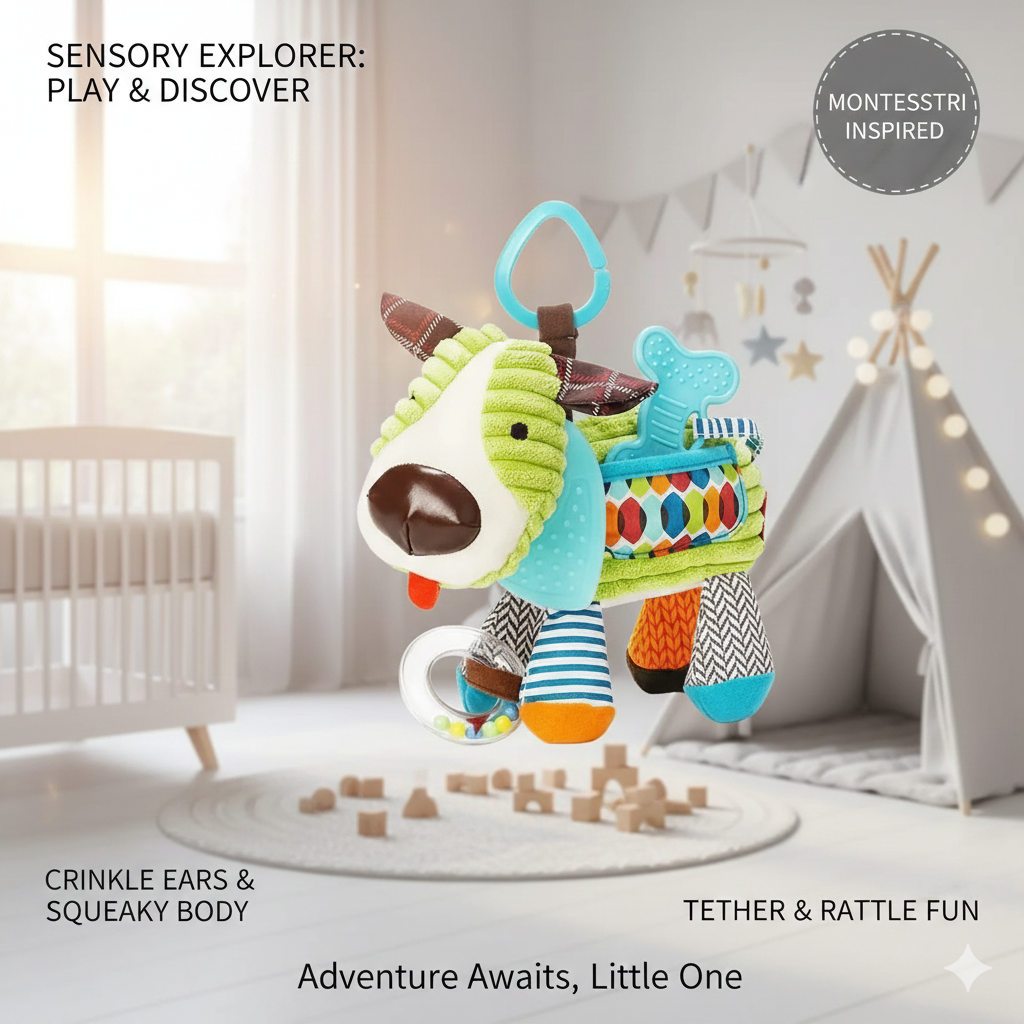 Montessori Sensory Plush Baby Toy - Soft Animal Hanging Stroller Toy for Newborns - Infant Visual & Auditory Development Pendant - Early Learning Activity Toy for Boys & Girls 0-12 Months