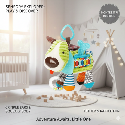 Montessori Sensory Plush Baby Toy - Soft Animal Hanging Stroller Toy for Newborns - Infant Visual & Auditory Development Pendant - Early Learning Activity Toy for Boys & Girls 0-12 Months