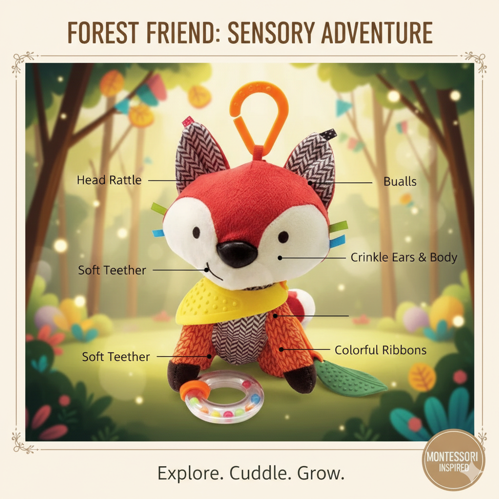 Montessori Sensory Plush Baby Toy - Soft Animal Hanging Stroller Toy for Newborns - Infant Visual & Auditory Development Pendant - Early Learning Activity Toy for Boys & Girls 0-12 Months