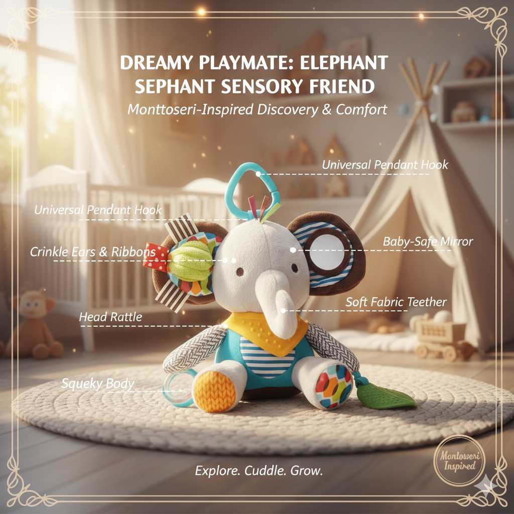 Montessori Sensory Plush Baby Toy - Soft Animal Hanging Stroller Toy for Newborns - Infant Visual & Auditory Development Pendant - Early Learning Activity Toy for Boys & Girls 0-12 Months