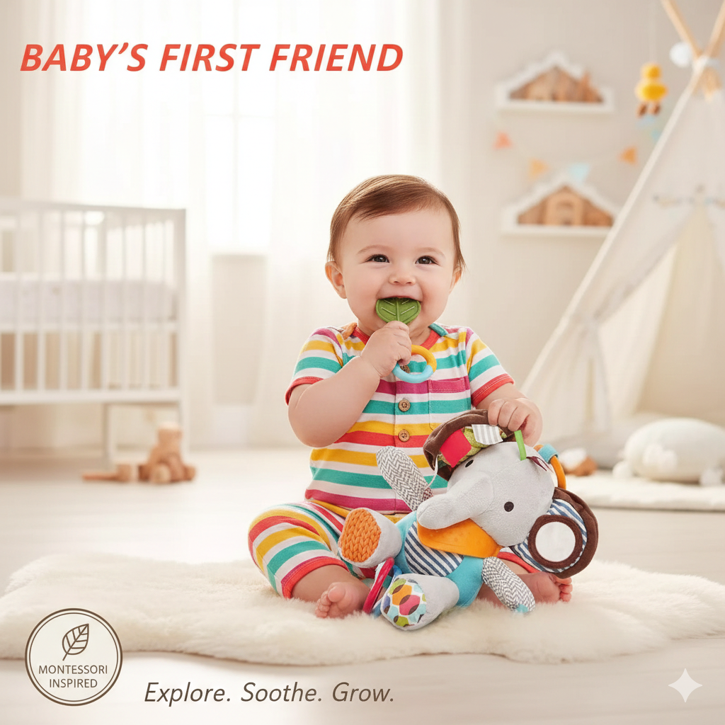 Montessori Sensory Plush Baby Toy - Soft Animal Hanging Stroller Toy for Newborns - Infant Visual & Auditory Development Pendant - Early Learning Activity Toy for Boys & Girls 0-12 Months