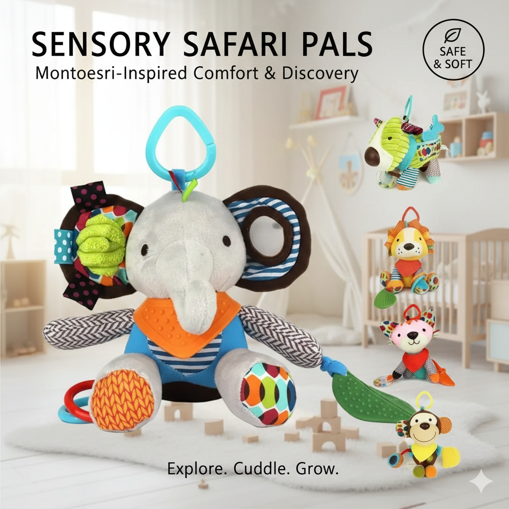 Montessori Sensory Plush Baby Toy - Soft Animal Hanging Stroller Toy for Newborns - Infant Visual & Auditory Development Pendant - Early Learning Activity Toy for Boys & Girls 0-12 Months