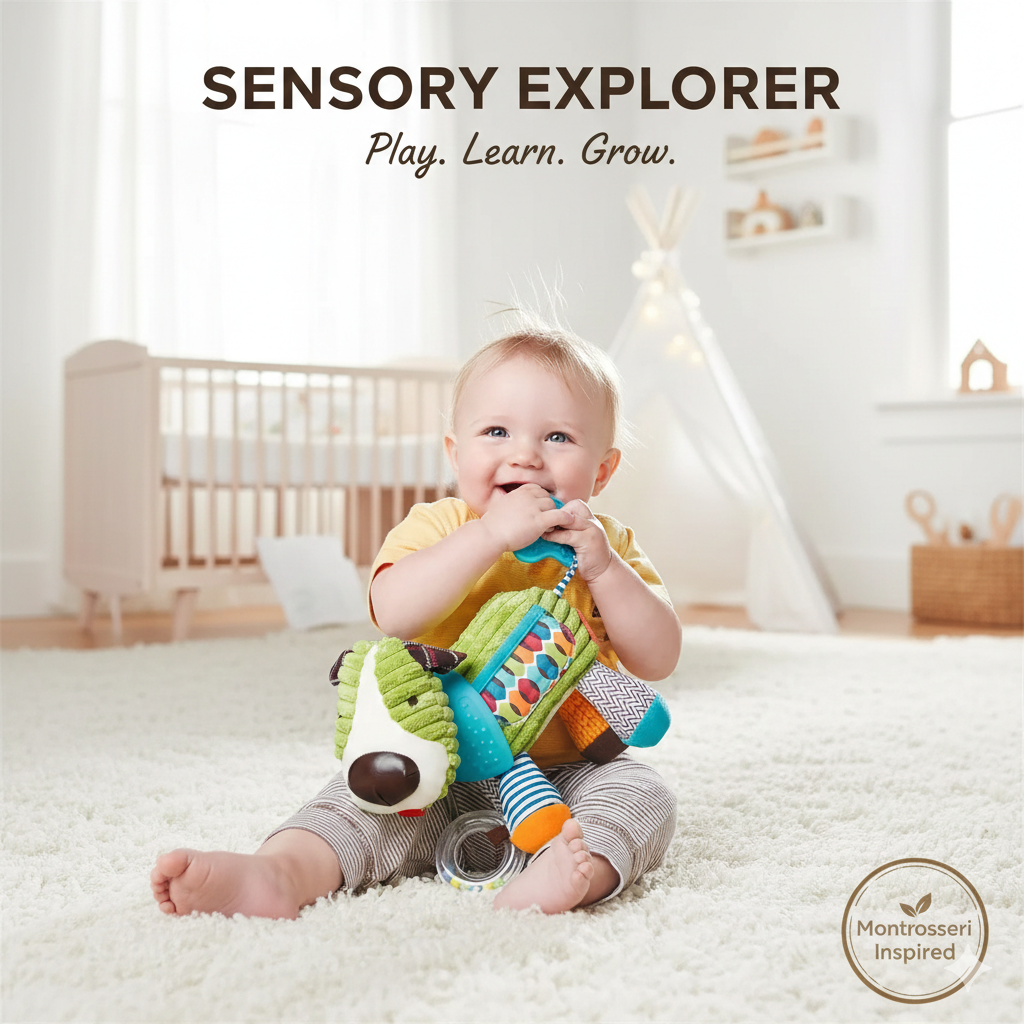 Montessori Sensory Plush Baby Toy - Soft Animal Hanging Stroller Toy for Newborns - Infant Visual & Auditory Development Pendant - Early Learning Activity Toy for Boys & Girls 0-12 Months