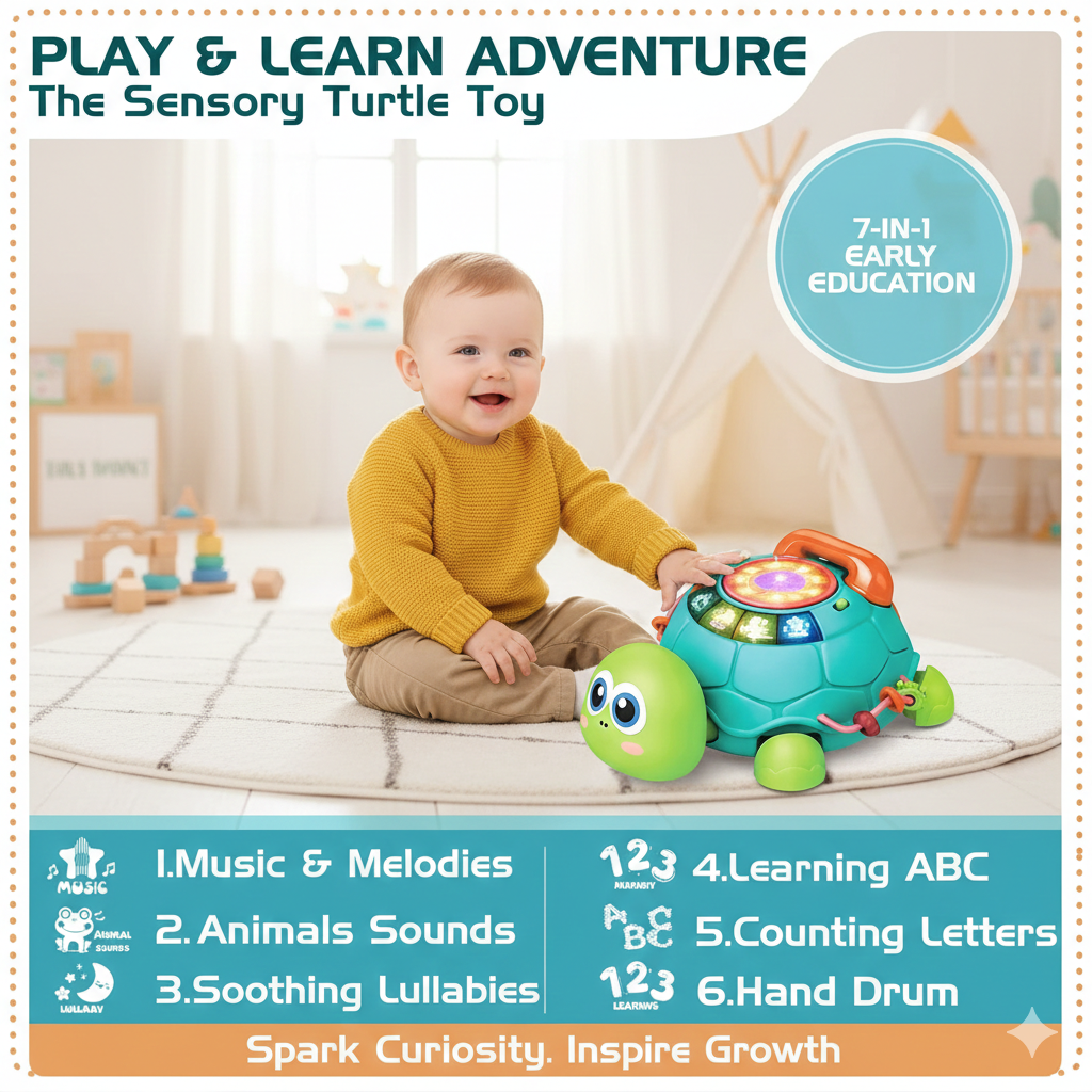 Musical Crawling Turtle Toy for Babies 6-12-18 Months - Interactive Light-Up Learning Toy with Sound - Motor Skills Development Toddler Toy - Ideal First Birthday Gift for Boys & Girls