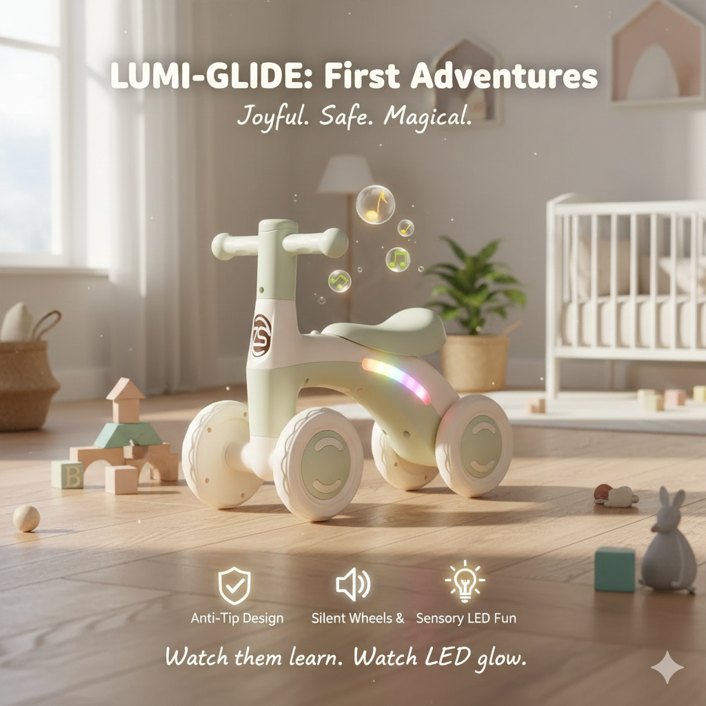 Premium Baby Silent Walker Bike - Safe 4-Wheel Training Ride-On - Aesthetic Toddler Balancing Glider for 12-36 Months - Durable & Lightweight First Ride-On Gift