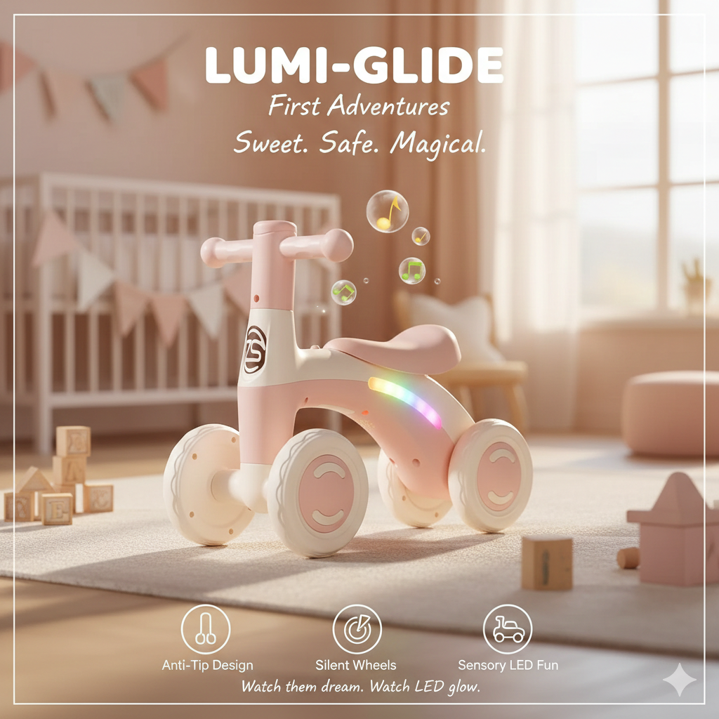 Premium Baby Silent Walker Bike - Safe 4-Wheel Training Ride-On - Aesthetic Toddler Balancing Glider for 12-36 Months - Durable & Lightweight First Ride-On Gift