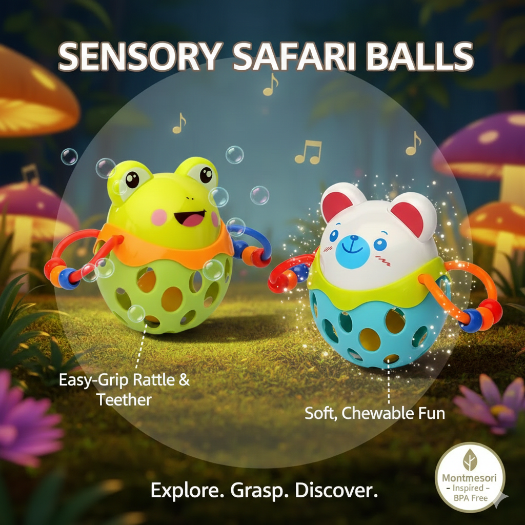 Soft Silicone Baby Rattle & Teether Ball - Sensory Grasping Toy for Infants 0-12 Months - Easy-to-Hold Cartoon Animal Hand Bell - BPA-Free Teething Toy for Newborns Boys & Girls