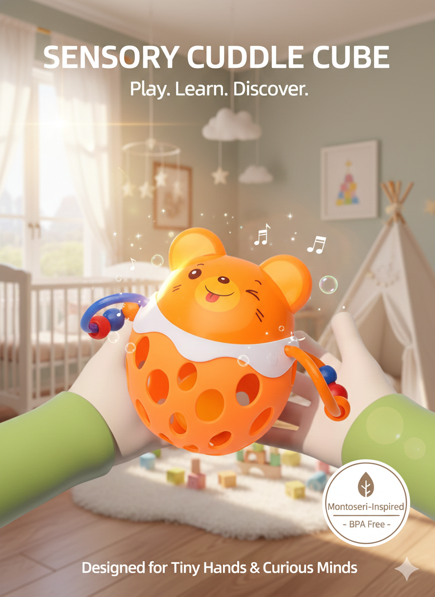 Soft Silicone Baby Rattle & Teether Ball - Sensory Grasping Toy for Infants 0-12 Months - Easy-to-Hold Cartoon Animal Hand Bell - BPA-Free Teething Toy for Newborns Boys & Girls