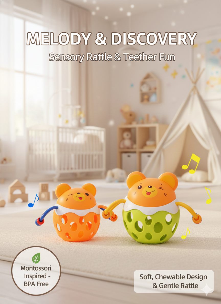 Soft Silicone Baby Rattle & Teether Ball - Sensory Grasping Toy for Infants 0-12 Months - Easy-to-Hold Cartoon Animal Hand Bell - BPA-Free Teething Toy for Newborns Boys & Girls