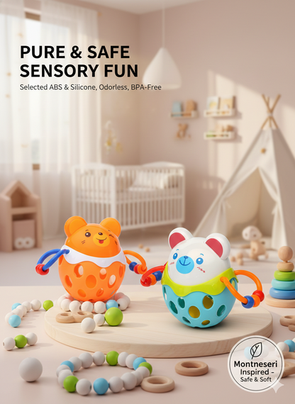 Soft Silicone Baby Rattle & Teether Ball - Sensory Grasping Toy for Infants 0-12 Months - Easy-to-Hold Cartoon Animal Hand Bell - BPA-Free Teething Toy for Newborns Boys & Girls