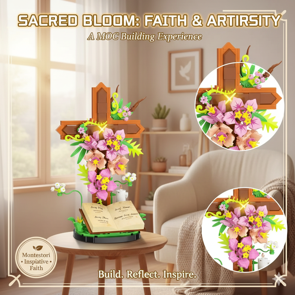 Spiritual Bloom Cross & Tulip Floral Decor Building Set - Elegant Bible-Inspired Botanical Display - Creative Faith-Based Brick Art for Desk & Living Room Decoration