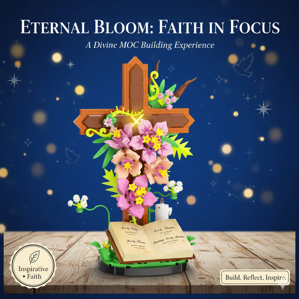 Spiritual Bloom Cross & Tulip Floral Decor Building Set - Elegant Bible-Inspired Botanical Display - Creative Faith-Based Brick Art for Desk & Living Room Decoration