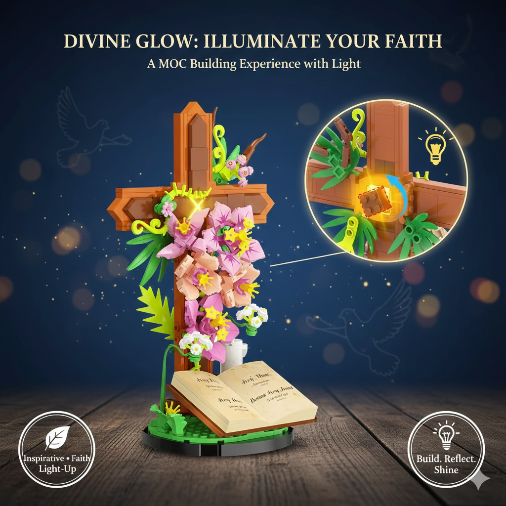 Spiritual Bloom Cross & Tulip Floral Decor Building Set - Elegant Bible-Inspired Botanical Display - Creative Faith-Based Brick Art for Desk & Living Room Decoration