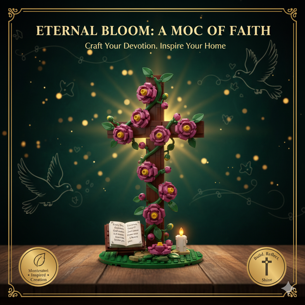 Spiritual Bloom Cross & Tulip Floral Decor Building Set - Elegant Bible-Inspired Botanical Display - Creative Faith-Based Brick Art for Desk & Living Room Decoration