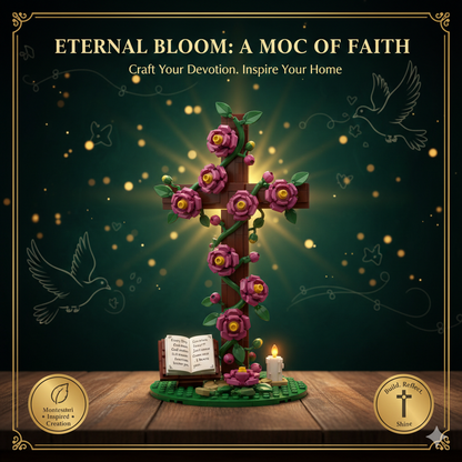 Spiritual Bloom Cross & Tulip Floral Decor Building Set - Elegant Bible-Inspired Botanical Display - Creative Faith-Based Brick Art for Desk & Living Room Decoration