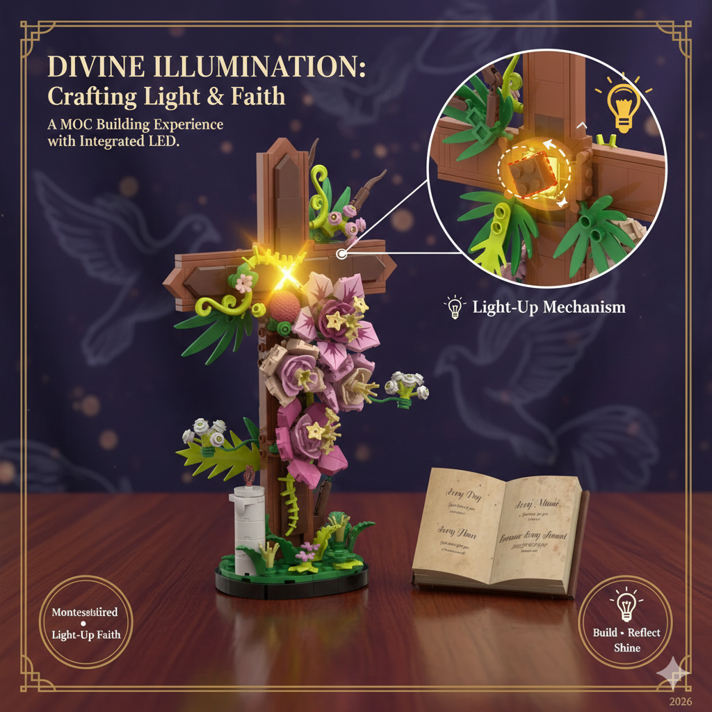 Spiritual Bloom Cross & Tulip Floral Decor Building Set - Elegant Bible-Inspired Botanical Display - Creative Faith-Based Brick Art for Desk & Living Room Decoration