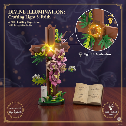 Spiritual Bloom Cross & Tulip Floral Decor Building Set - Elegant Bible-Inspired Botanical Display - Creative Faith-Based Brick Art for Desk & Living Room Decoration